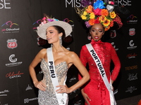 Miss Peru Tatiana Calmell and Miss Portugal Andreea Correia attend the red carpet for the Miss Universe Catrinas Gala at Antiguo Colegio de...