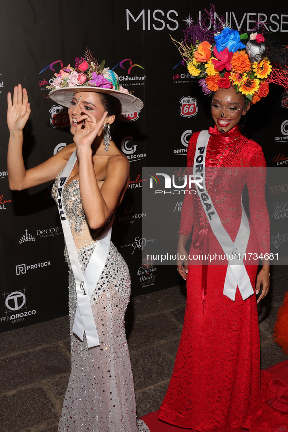 Miss Peru Tatiana Calmell and Miss Portugal Andreea Correia attend the red carpet for the Miss Universe Catrinas Gala at Antiguo Colegio de...