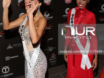 Miss Peru Tatiana Calmell and Miss Portugal Andreea Correia attend the red carpet for the Miss Universe Catrinas Gala at Antiguo Colegio de...