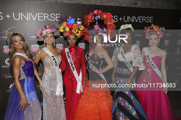 (L-R) Miss Bonaire Ruby Pouchet, Miss Peru Tatiana Calmell, Miss Portugal Andreea Correia, Miss Bulgaria Elena Vian, Miss Saint Lucia Skye F...