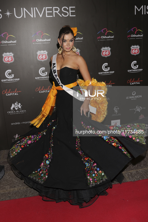 Miss Albania Franceska Rustemi attends the red carpet for the Miss Universe Catrinas Gala at Antiguo Colegio de las Vizcainas in Mexico City...