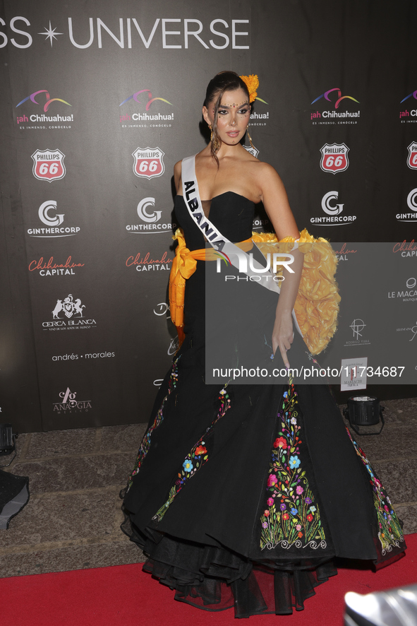 Miss Albania Franceska Rustemi attends the red carpet for the Miss Universe Catrinas Gala at Antiguo Colegio de las Vizcainas in Mexico City...