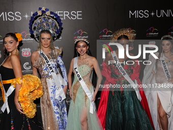 (L-R) Miss Albania Franceska Rustemi, Miss Hungary Kenez Nora, Miss Laos Miepooh Phiranya Thipphomvong, Miss Guadeloupe Coraly Desplan, and...