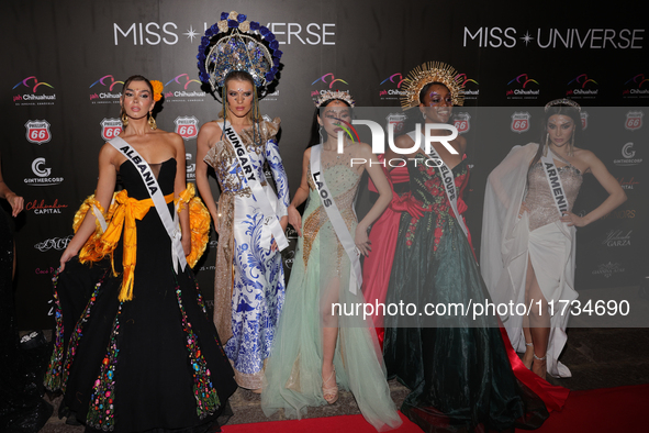 (L-R) Miss Albania Franceska Rustemi, Miss Hungary Kenez Nora, Miss Laos Miepooh Phiranya Thipphomvong, Miss Guadeloupe Coraly Desplan, and...