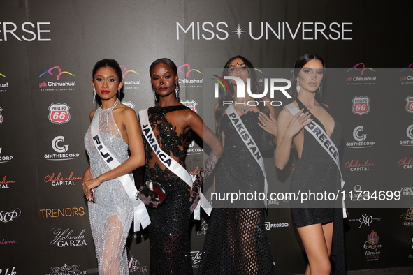 (L-R) Miss Fiji Manshika Prasad, Miss Jamaica Rachel Silvera, Miss Pakistan Noor Xarmina, and Miss Greece Christianna Katsieri attend the re...