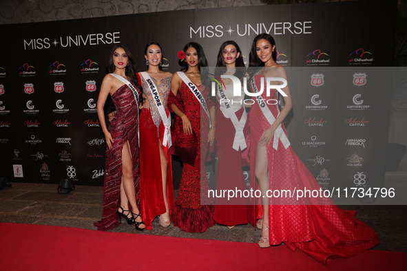 (L-R) Miss Indonesia Clara Shafira Krebs, Miss Singapore Charlotte Chia, Miss Cambodia Davin Prasath, Miss Uzbekistan Nigina Fakhriddinova,...