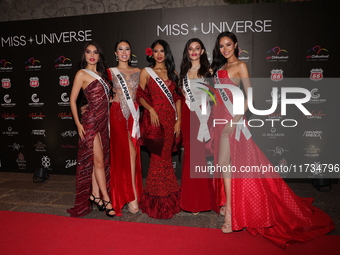 (L-R) Miss Indonesia Clara Shafira Krebs, Miss Singapore Charlotte Chia, Miss Cambodia Davin Prasath, Miss Uzbekistan Nigina Fakhriddinova,...