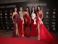 (L-R) Miss Indonesia Clara Shafira Krebs, Miss Singapore Charlotte Chia, Miss Cambodia Davin Prasath, Miss Uzbekistan Nigina Fakhriddinova,...