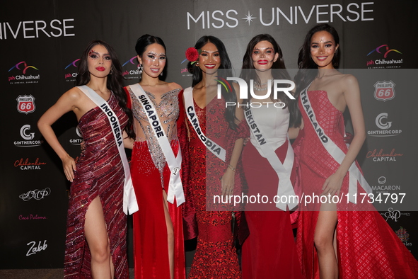 (L-R) Miss Indonesia Clara Shafira Krebs, Miss Singapore Charlotte Chia, Miss Cambodia Davin Prasath, Miss Uzbekistan Nigina Fakhriddinova,...