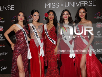 (L-R) Miss Indonesia Clara Shafira Krebs, Miss Singapore Charlotte Chia, Miss Cambodia Davin Prasath, Miss Uzbekistan Nigina Fakhriddinova,...