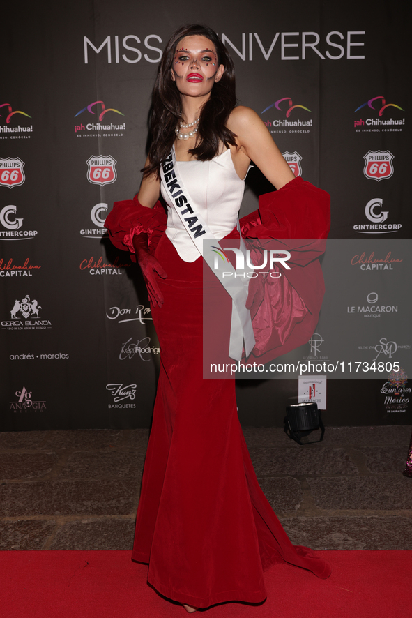 Miss Uzbekistan Nigina Fakhriddinova attends the red carpet for the Miss Universe Catrinas Gala at Antiguo Colegio de las Vizcainas in Mexic...