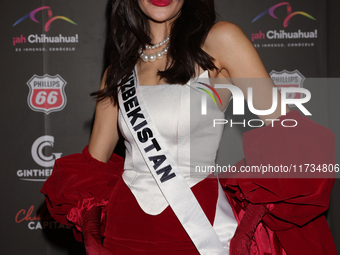 Miss Uzbekistan Nigina Fakhriddinova attends the red carpet for the Miss Universe Catrinas Gala at Antiguo Colegio de las Vizcainas in Mexic...