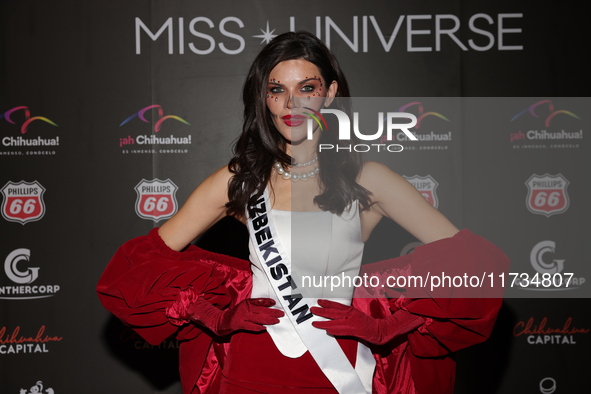 Miss Uzbekistan Nigina Fakhriddinova attends the red carpet for the Miss Universe Catrinas Gala at Antiguo Colegio de las Vizcainas in Mexic...