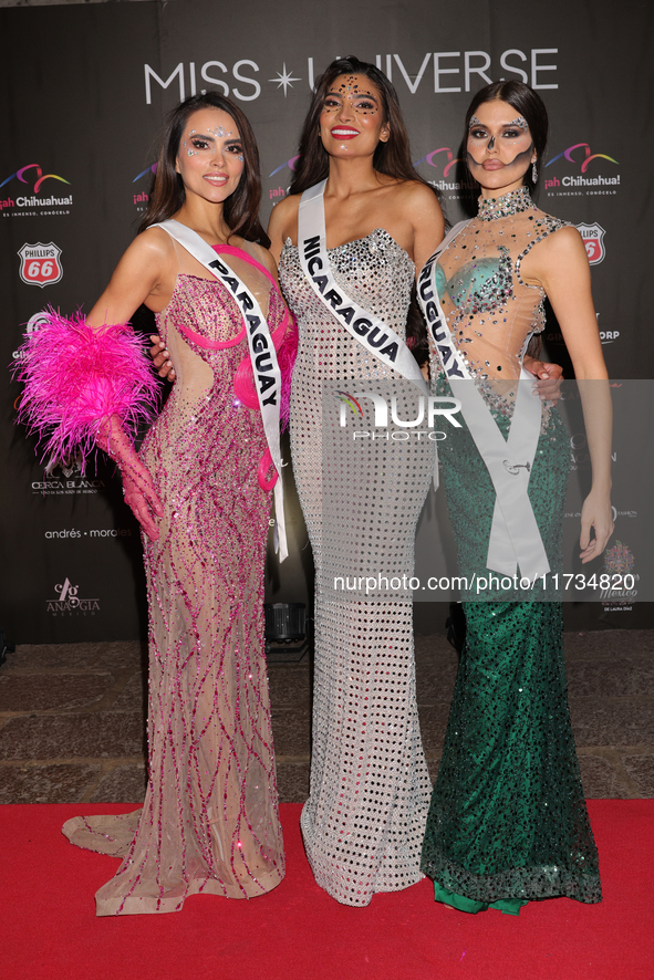 (L-R) Miss Paraguay Claudia Naomi Mendez, Miss Nicaragua Geyssell Garcia, and Miss Uruguay Yanina Lucas attend the red carpet for the Miss U...