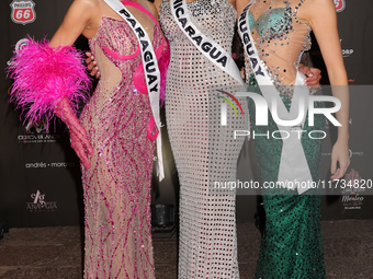 (L-R) Miss Paraguay Claudia Naomi Mendez, Miss Nicaragua Geyssell Garcia, and Miss Uruguay Yanina Lucas attend the red carpet for the Miss U...