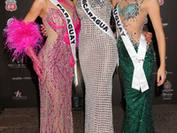 (L-R) Miss Paraguay Claudia Naomi Mendez, Miss Nicaragua Geyssell Garcia, and Miss Uruguay Yanina Lucas attend the red carpet for the Miss U...