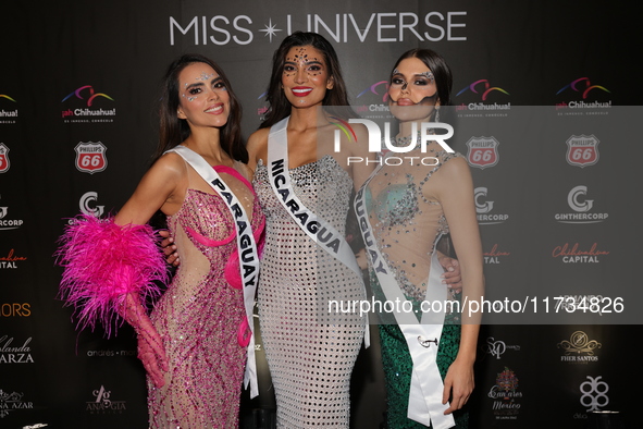 (L-R) Miss Paraguay Claudia Naomi Mendez, Miss Nicaragua Geyssell Garcia, and Miss Uruguay Yanina Lucas attend the red carpet for the Miss U...