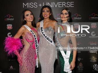 (L-R) Miss Paraguay Claudia Naomi Mendez, Miss Nicaragua Geyssell Garcia, and Miss Uruguay Yanina Lucas attend the red carpet for the Miss U...