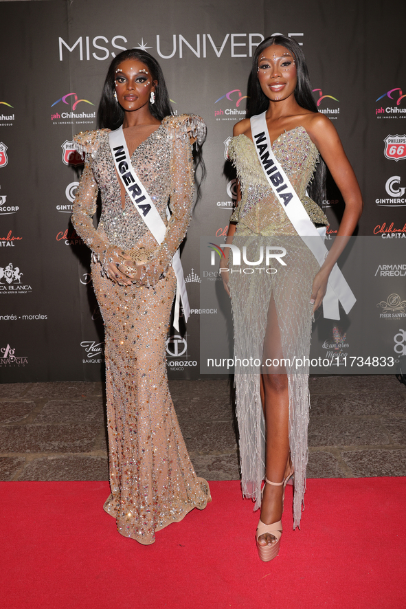 (L-R) Miss Nigeria Chidimma Adetshina and Miss Namibia Prisca Anyolo attend the red carpet for the Miss Universe Catrinas Gala at Antiguo Co...