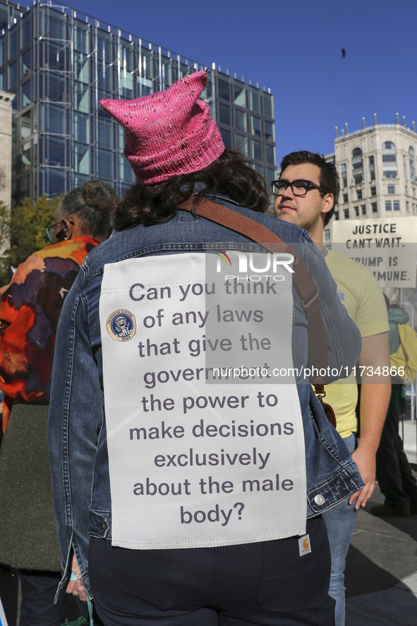 Demonstrators gather at Freedom Plaza and then march to the White House during the National Women's March ahead of the U.S. presidential ele...