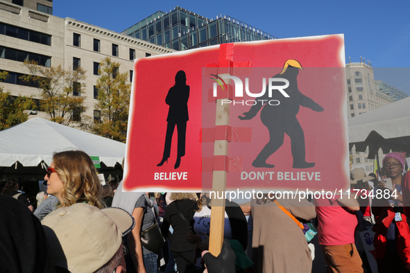 Demonstrators gather at Freedom Plaza and then march to the White House during the National Women's March ahead of the U.S. presidential ele...