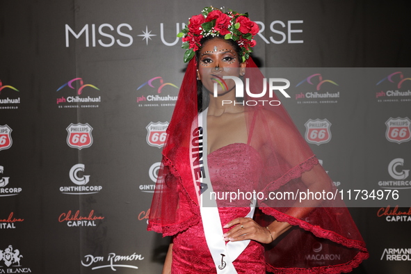 Miss Equatorial Guinea, Diana Angono Mouhafo, attends the red carpet for the Miss Universe Catrinas Gala at Antiguo Colegio de las Vizcainas...