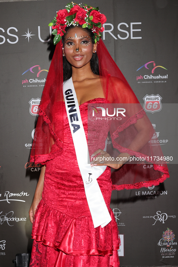 Miss Equatorial Guinea, Diana Angono Mouhafo, attends the red carpet for the Miss Universe Catrinas Gala at Antiguo Colegio de las Vizcainas...