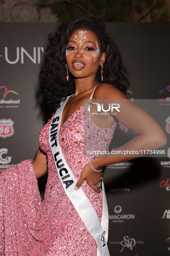 Miss Saint Lucia Skye Faucher attends the red carpet for the Miss Universe Catrinas Gala at Antiguo Colegio de las Vizcainas in Mexico City,...