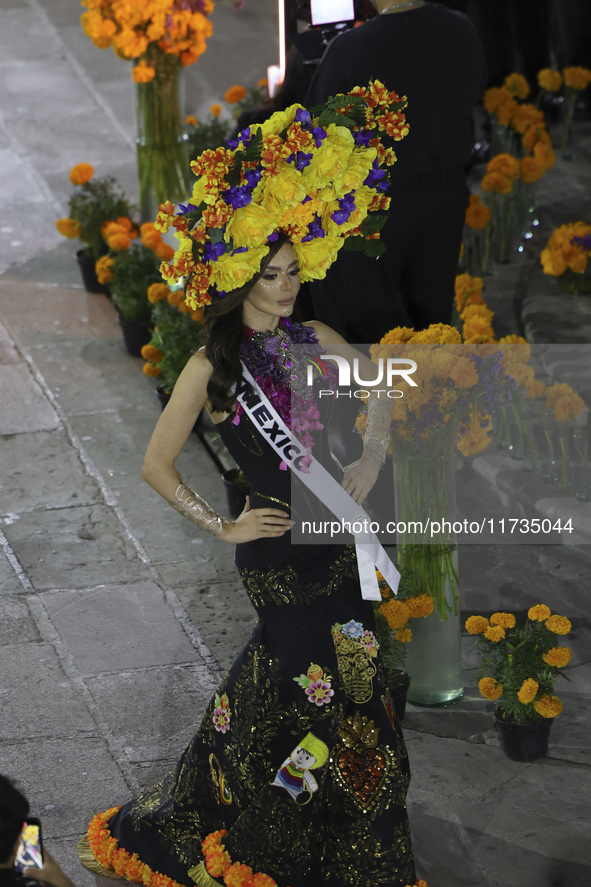 Miss Mexico, Maria Fernanda Beltran, walks on the runway during the Miss Universe Catrinas Gala at Antiguo Colegio de las Vizcainas in Mexic...