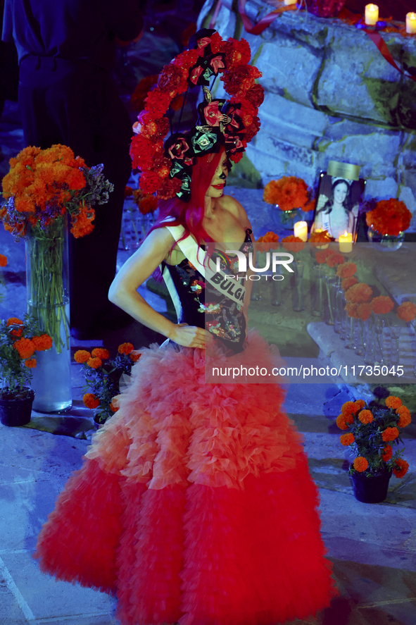 Miss Bulgaria Elena Vian walks on the runway during the Miss Universe Catrinas Gala at Antiguo Colegio de las Vizcainas in Mexico City, Mexi...