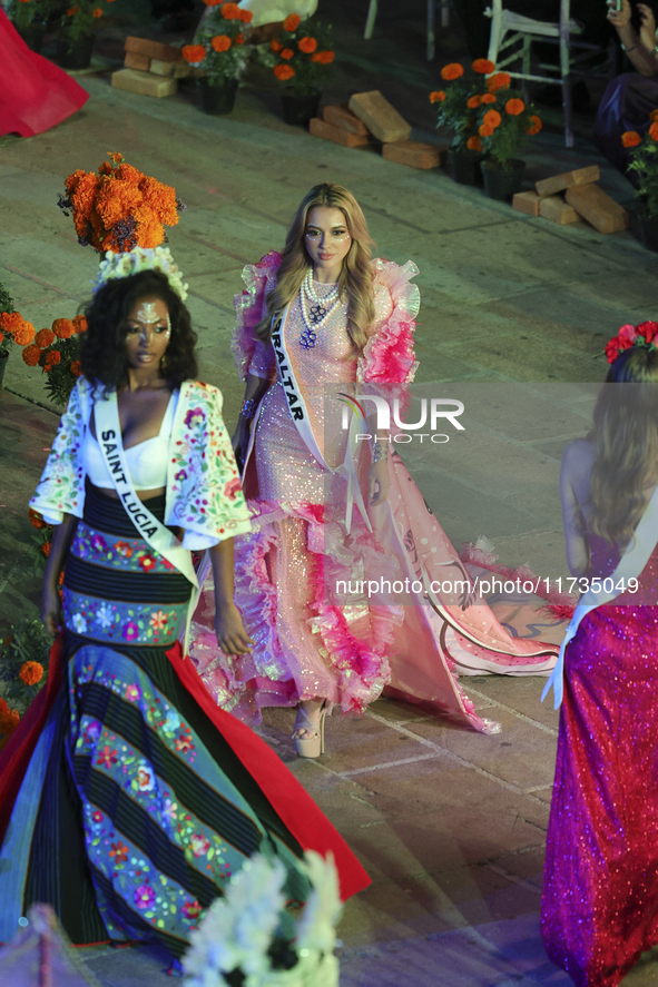 Miss Gibraltar Shyanne McIntosh walks on the runway during the Miss Universe Catrinas Gala at Antiguo Colegio de las Vizcainas in Mexico Cit...