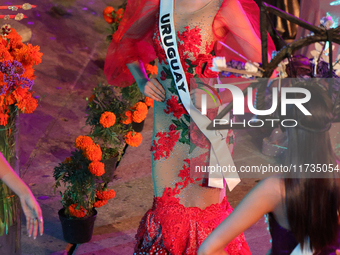 Miss Uruguay Yanina Lucas walks on the runway during the Miss Universe Catrinas Gala at Antiguo Colegio de las Vizcainas in Mexico City, Mex...