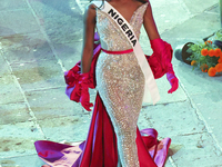 Miss Nigeria Chidimma Adetshina walks on the runway during the Miss Universe Catrinas Gala at Antiguo Colegio de las Vizcainas in Mexico Cit...