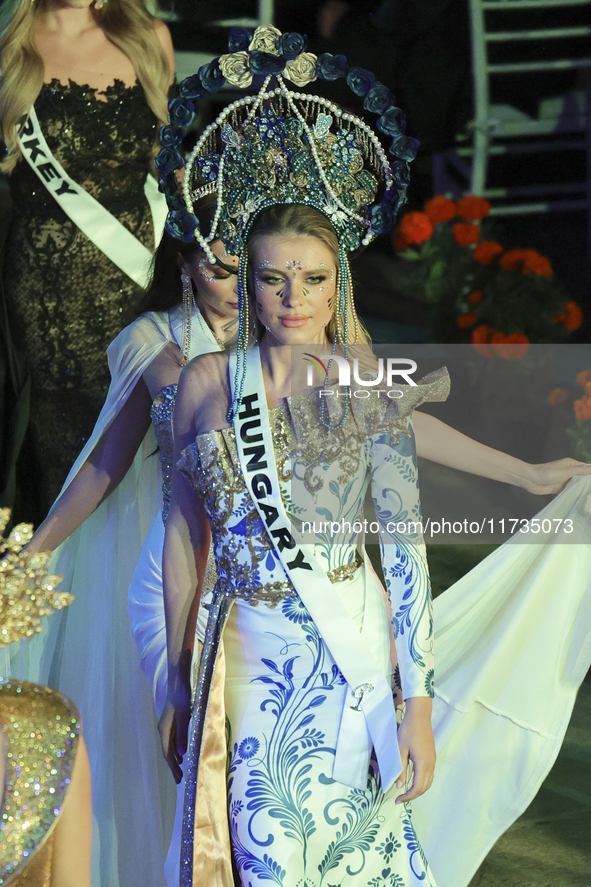 Miss Hungary Nora Kenez walks on the runway during the Miss Universe Catrinas Gala at Antiguo Colegio de las Vizcainas in Mexico City, Mexic...