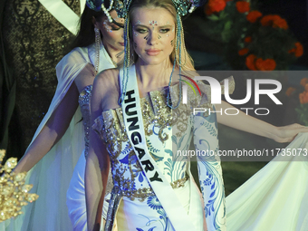 Miss Hungary Nora Kenez walks on the runway during the Miss Universe Catrinas Gala at Antiguo Colegio de las Vizcainas in Mexico City, Mexic...