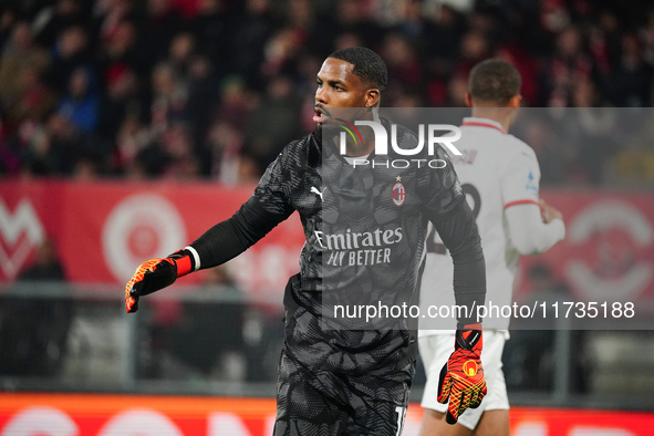 Mike Maignan (AC Milan) participates in the Italian championship Serie A football match between AC Monza and AC Milan in Monza, Italy, on No...