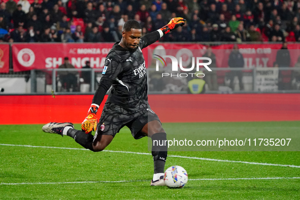 Mike Maignan (AC Milan) participates in the Italian championship Serie A football match between AC Monza and AC Milan in Monza, Italy, on No...