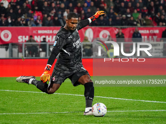 Mike Maignan (AC Milan) participates in the Italian championship Serie A football match between AC Monza and AC Milan in Monza, Italy, on No...