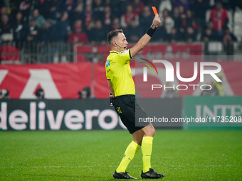 Ermanno Feliciani (Referee) shows the red card during the Italian championship Serie A football match between AC Monza and AC Milan at U-Pow...