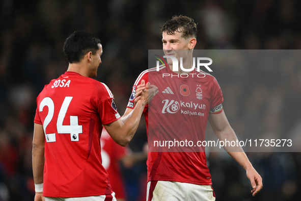 Ryan Yates of Nottingham Forest and Ramon Sosa of Nottingham Forest celebrate victory during the Premier League match between Nottingham For...