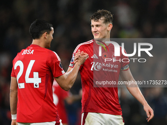 Ryan Yates of Nottingham Forest and Ramon Sosa of Nottingham Forest celebrate victory during the Premier League match between Nottingham For...