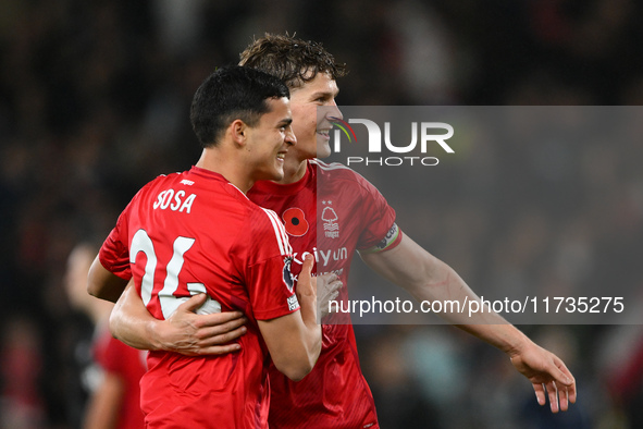 Ryan Yates of Nottingham Forest and Ramon Sosa of Nottingham Forest celebrate victory during the Premier League match between Nottingham For...