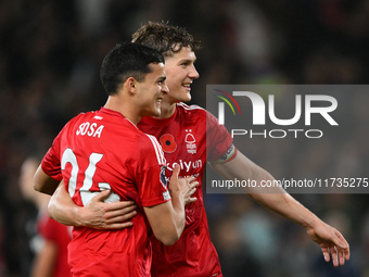 Ryan Yates of Nottingham Forest and Ramon Sosa of Nottingham Forest celebrate victory during the Premier League match between Nottingham For...