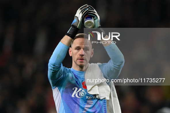 Matz Sels, Nottingham Forest goalkeeper, celebrates victory during the Premier League match between Nottingham Forest and West Ham United at...