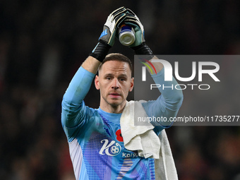 Matz Sels, Nottingham Forest goalkeeper, celebrates victory during the Premier League match between Nottingham Forest and West Ham United at...