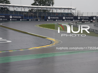 The rain falls over the track during the Formula 1 Lenovo Grande Premio De Sao Paulo 2024 in Sao Paulo, Brazil, on November 2, 2024. (