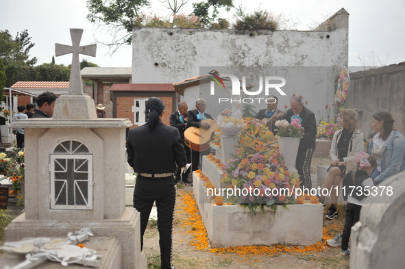 People decorate the graves of their loved ones with cempasuchil flowers at the Municipal Cemetery of San Juan del Rio. Mexicans visit the ce...