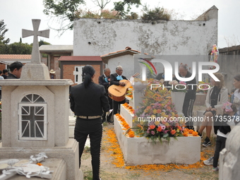 People decorate the graves of their loved ones with cempasuchil flowers at the Municipal Cemetery of San Juan del Rio. Mexicans visit the ce...