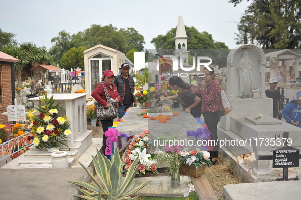 People decorate the graves of their loved ones with cempasuchil flowers at the Municipal Cemetery of San Juan del Rio. Mexicans visit the ce...