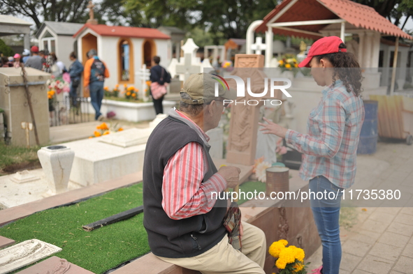 People decorate the graves of their loved ones with cempasuchil flowers at the Municipal Cemetery of San Juan del Rio. Mexicans visit the ce...